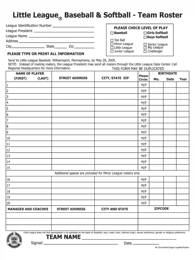 little league roster template Preview on Page 1