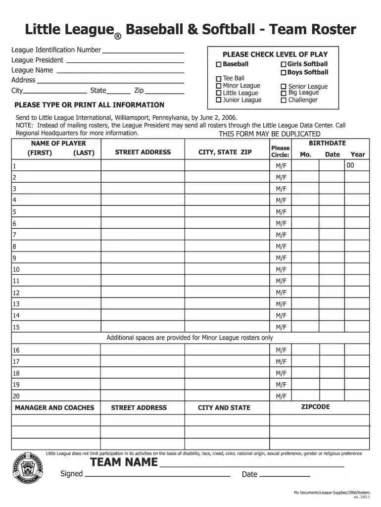 softball roster template Preview on Page 1