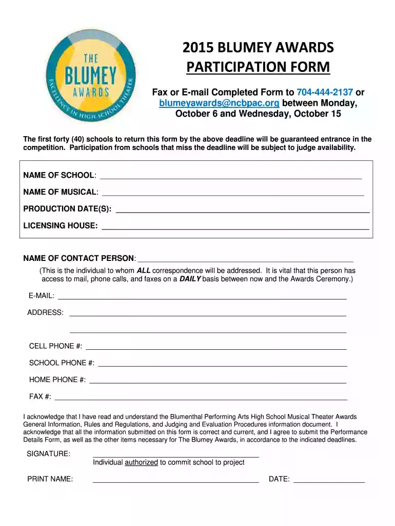 2015 Blumey Awards Participation Form Preview on Page 1