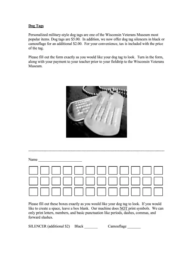 Dog Tag Forms for pdf - Wisconsin Veterans Museum Preview on Page 1