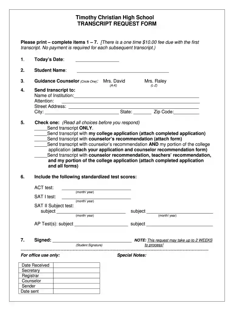timothy christian school transcript Preview on Page 1