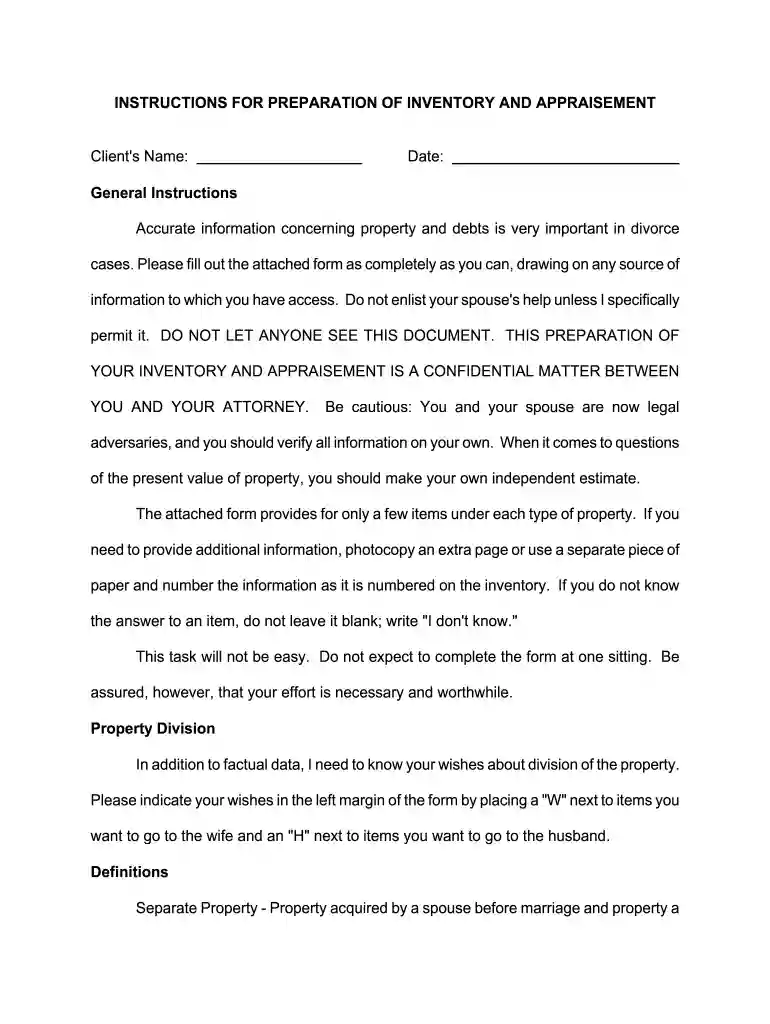 texas divorce inventory and appraisement form Preview on Page 1