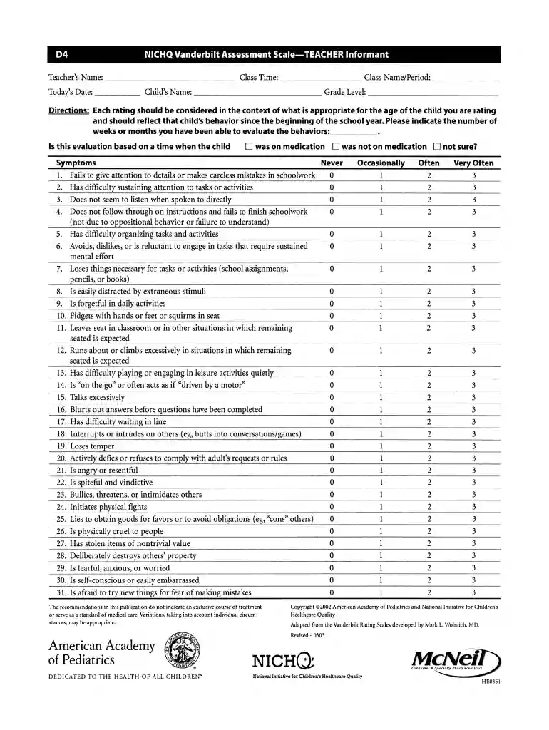 nichq vanderbilt assessment scale Preview on Page 1