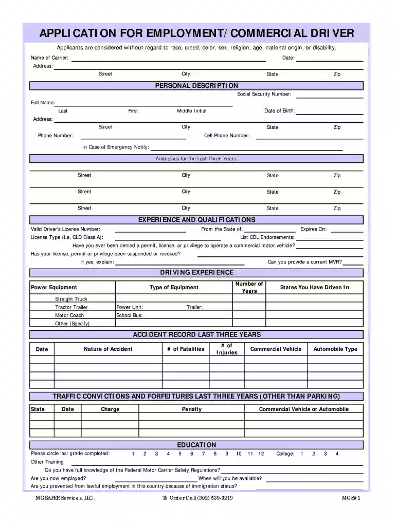 APPLICATION FOR EMPLOYMENTCOMMERCIAL DRIVER Preview on Page 1