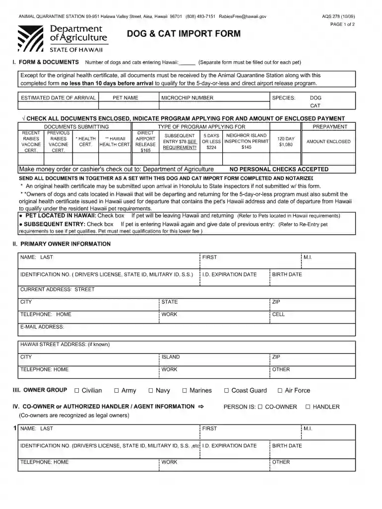 dog & cat import form aqs 278 2009 Preview on Page 1