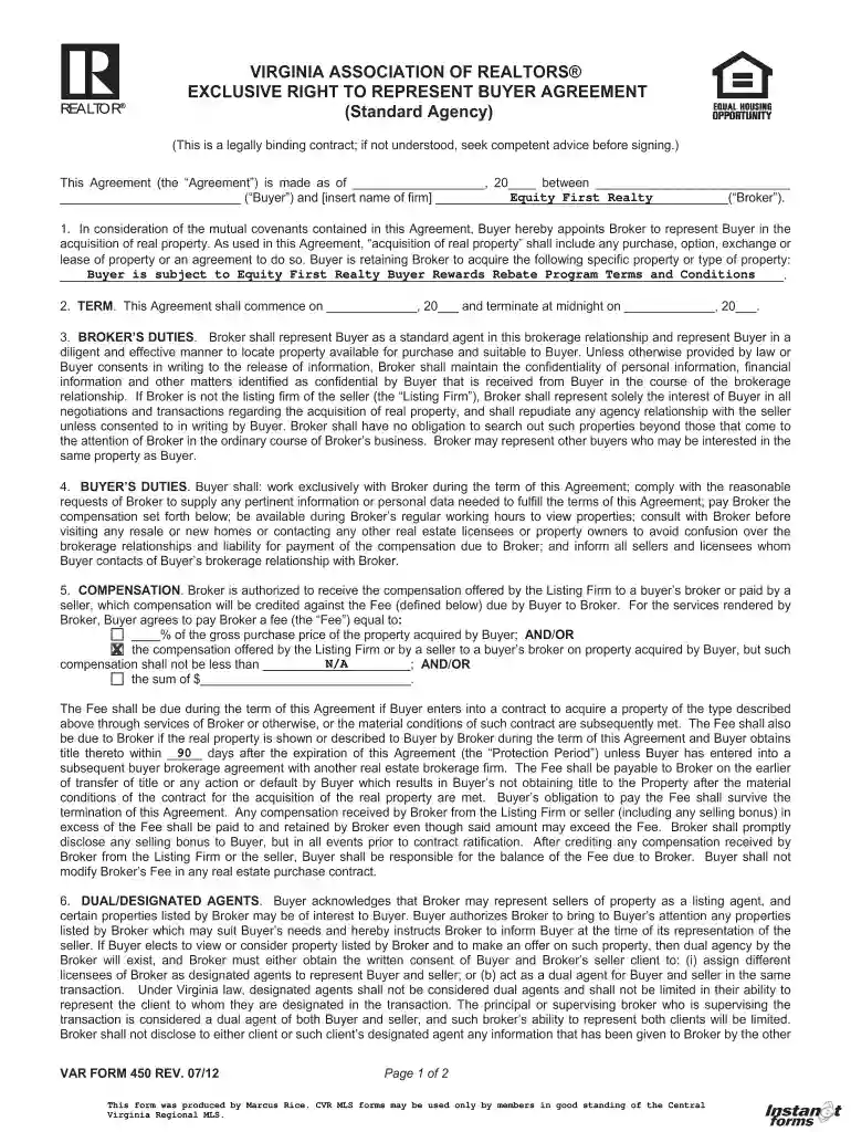 exclusive right to represent buyer agreement virginia Preview on Page 1
