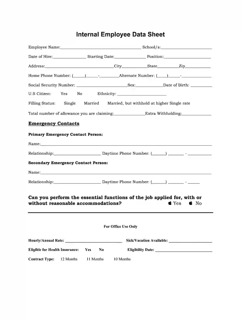 employee data sheet Preview on Page 1