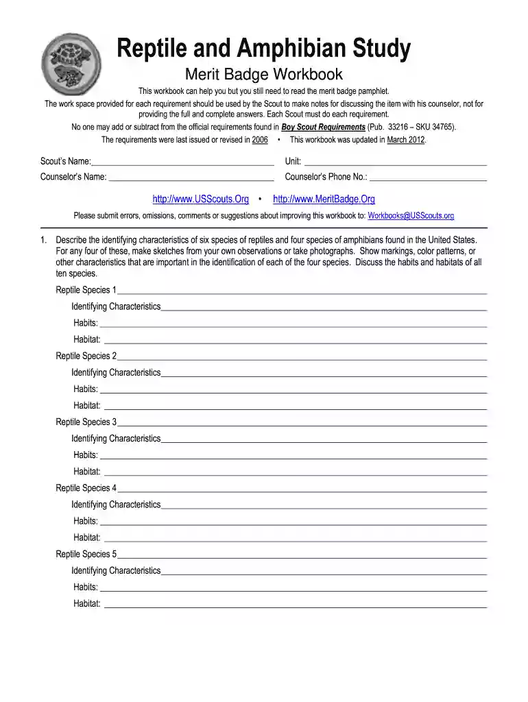 reptile and amphibian merit badge worksheet Preview on Page 1