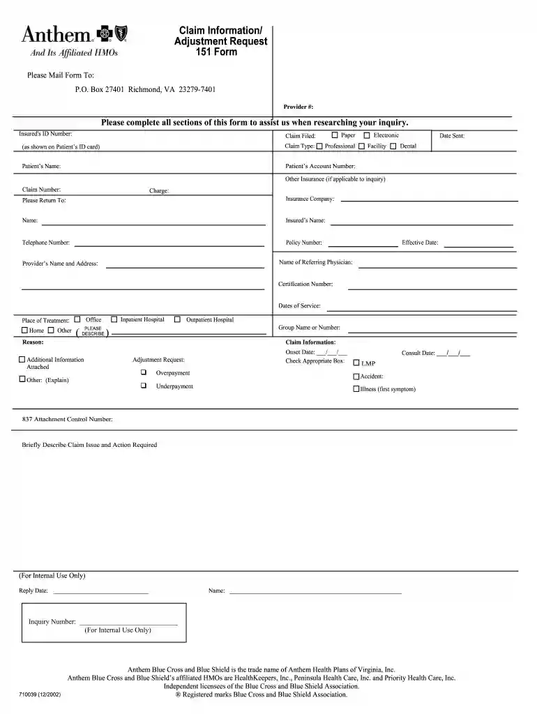 anthem 151 form Preview on Page 1