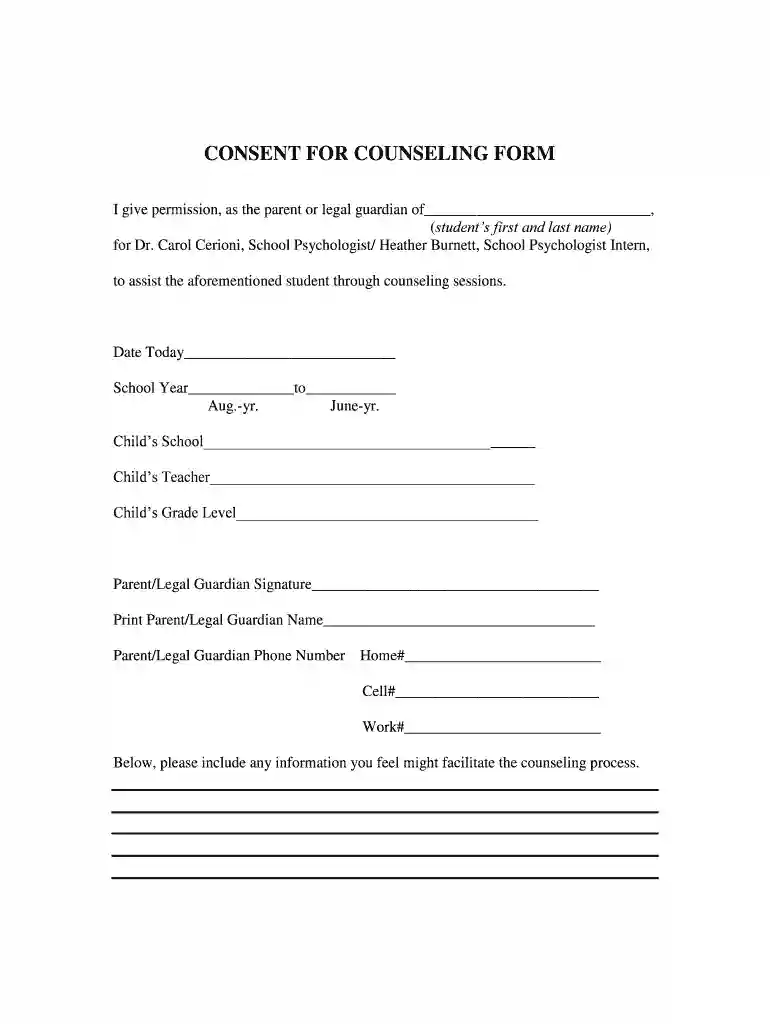 CONSENT FOR COUNSELING FORM - Oakhurst Elementary School Preview on Page 1