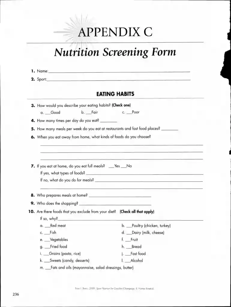 nutrition screening form Preview on Page 1