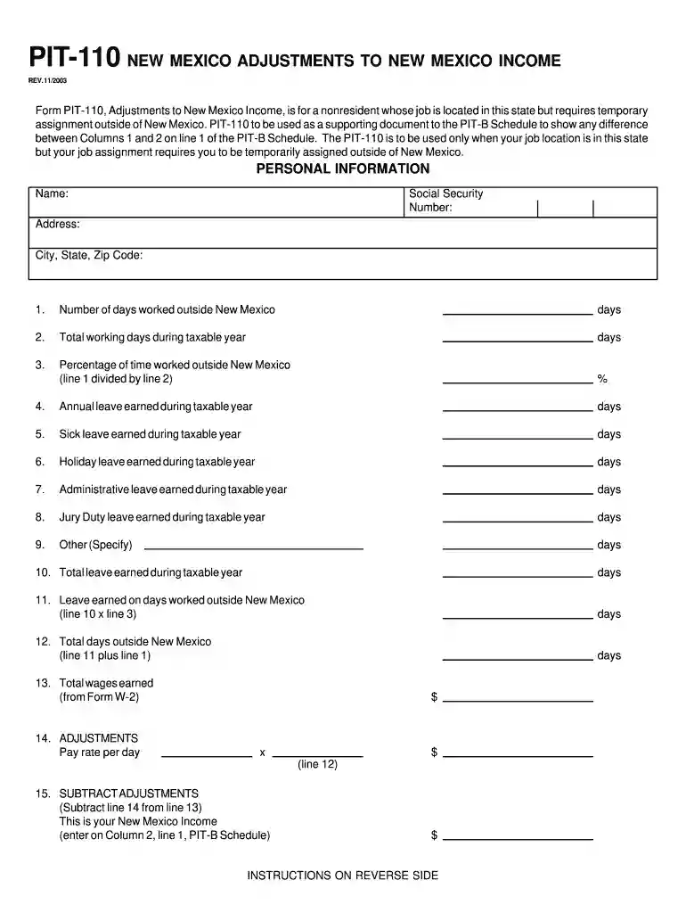 PIT-110 NEW MEXICO ADJUSTMENTS TO NEW ... - FormSend Preview on Page 1