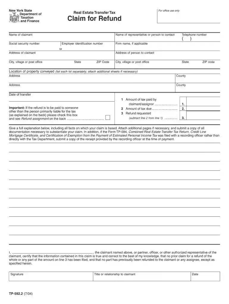 Form TP-592 2: July 2004, Claim for Refund, TP5922 - FormSend Preview on Page 1