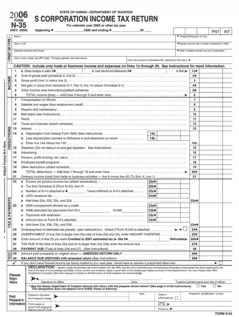Form N-35, Rev. 2006, S Corporation Income Tax Return - FormSend Preview on Page 1