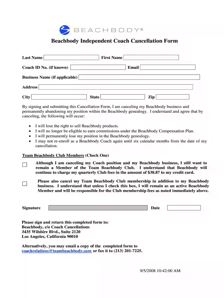 beachbody coach cancellation form Preview on Page 1