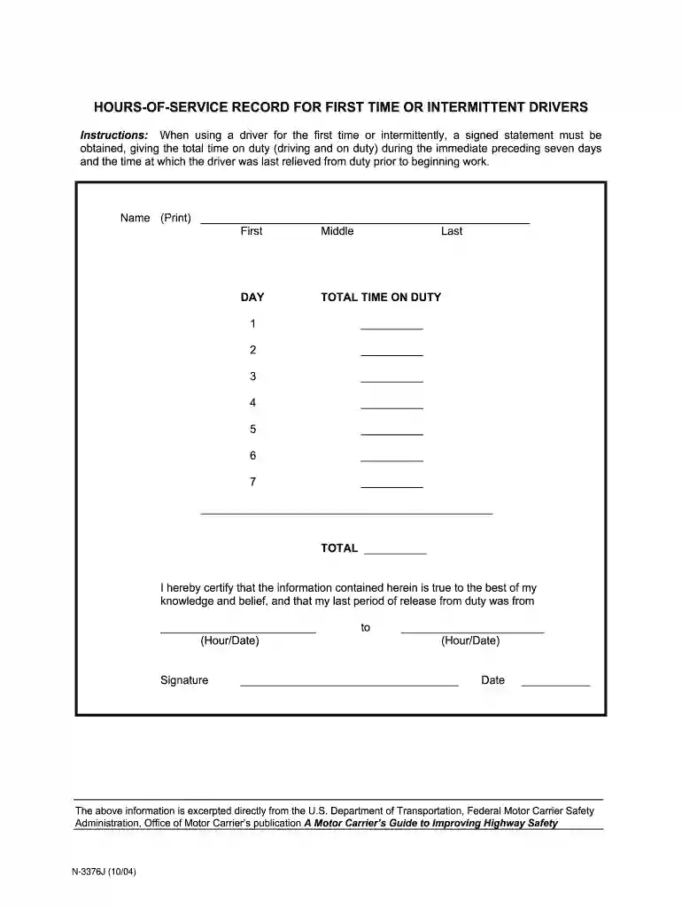 HOURS-OF-SERVICE RECORD FOR FIRST TIME OR INTERMITTENT DRIVERS Preview on Page 1