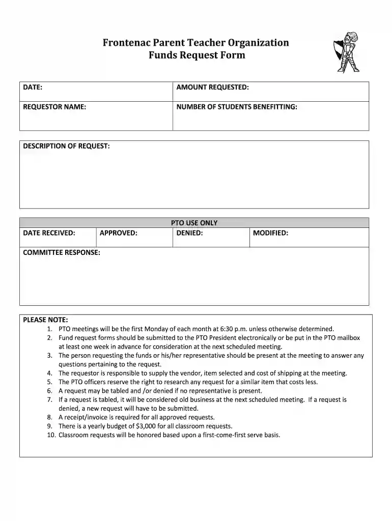 Frontenac Parent Teacher Organization Funds Request Form Preview on Page 1