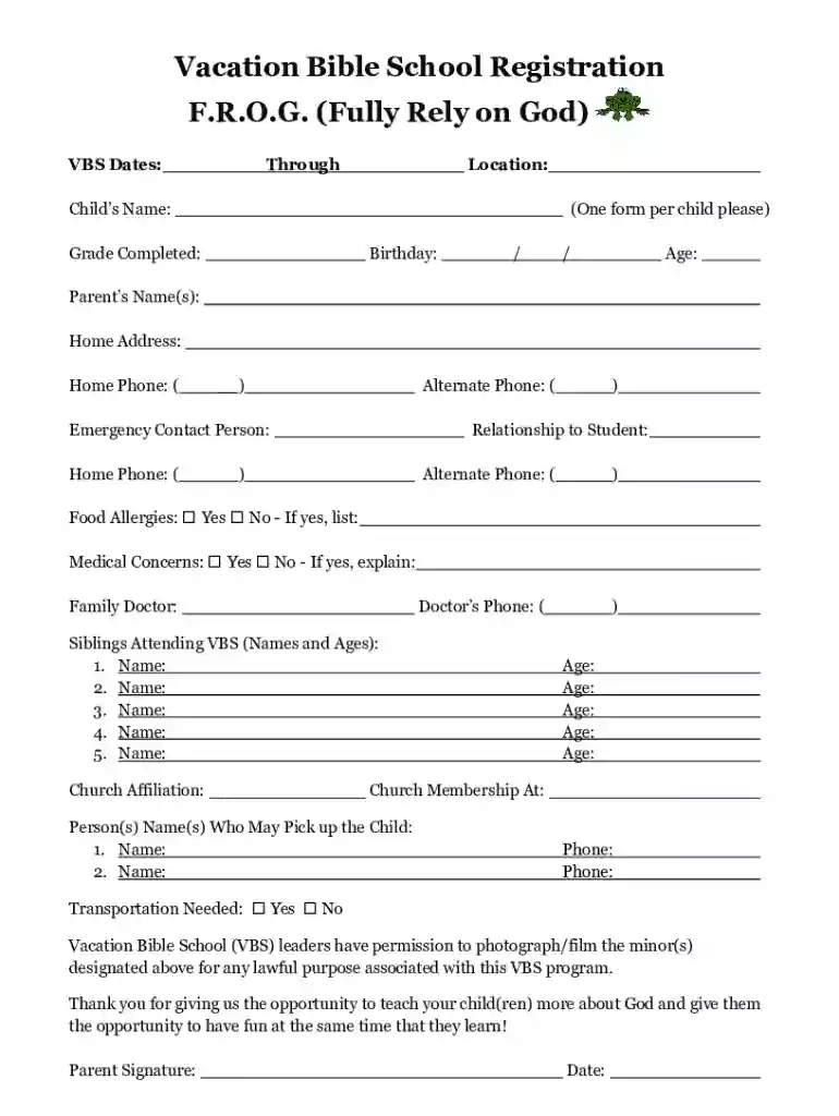 vbs registration form Preview on Page 1