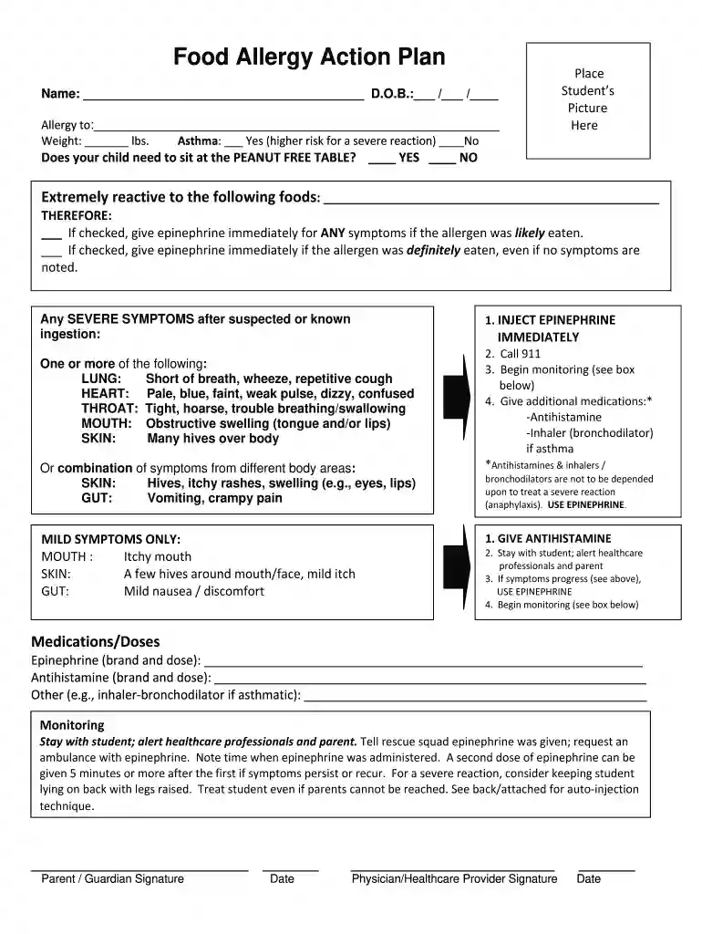 printable allergy action plan pdf Preview on Page 1