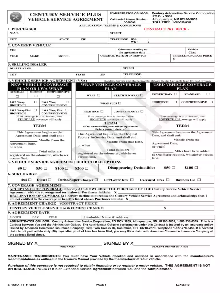 century service vehicle service agreement Preview on Page 1