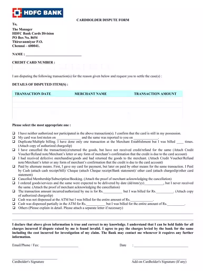 cardholder dispute form Preview on Page 1