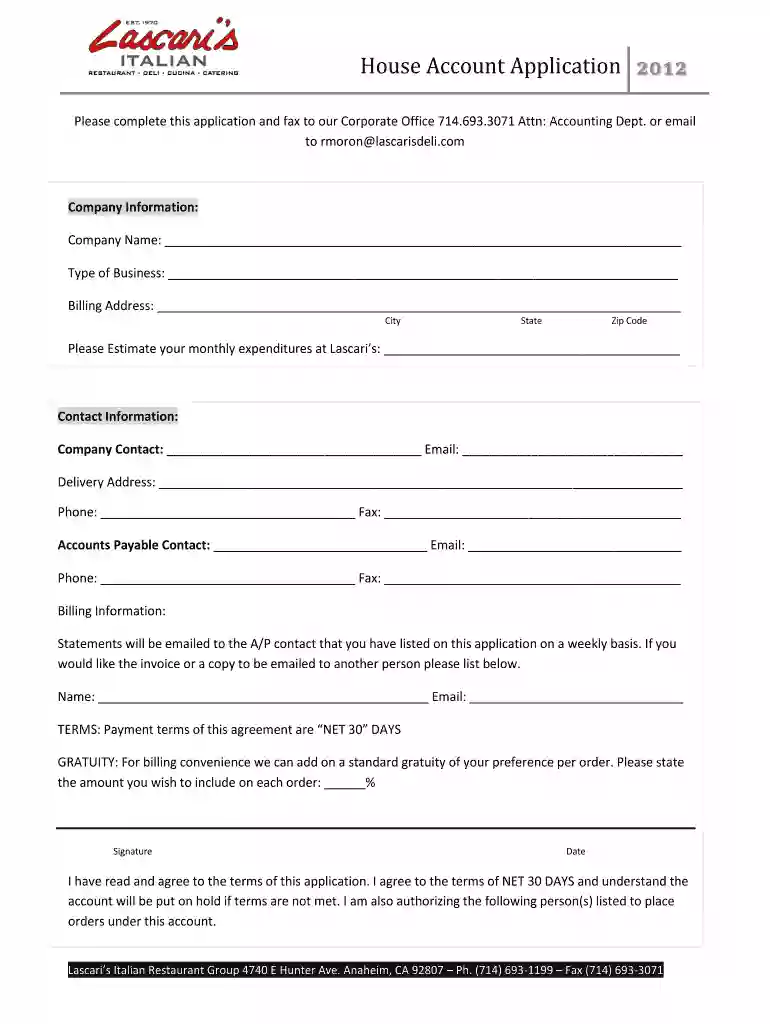 House Account Application - Lascari's Italian Deli & Restaurant Preview on Page 1