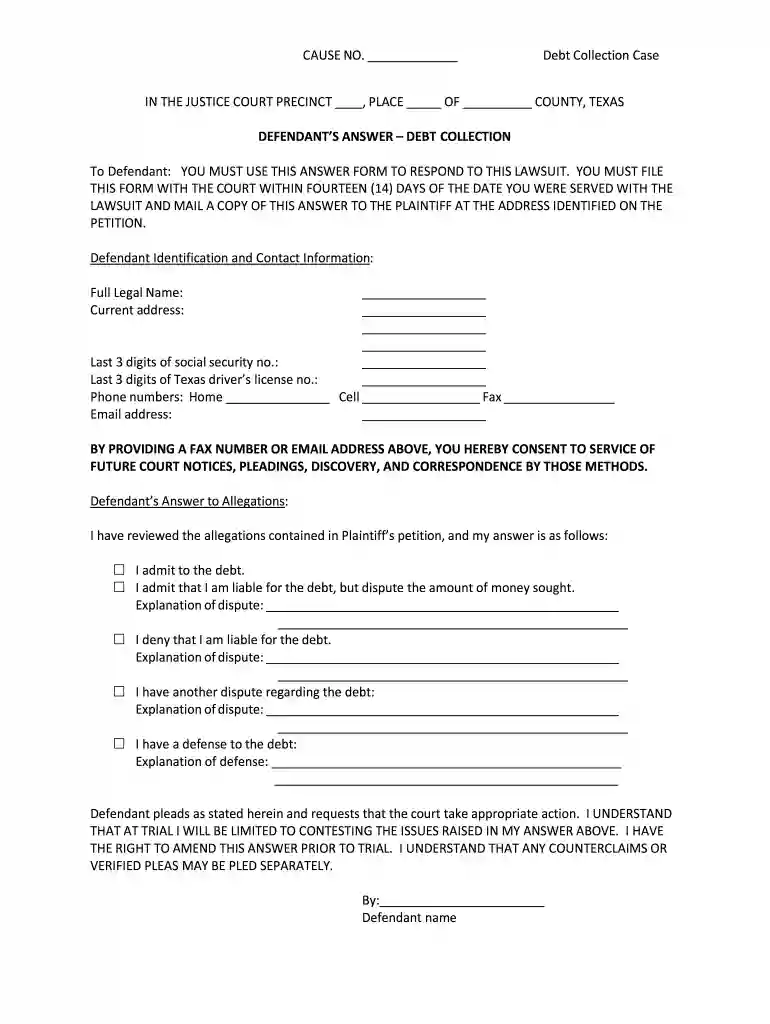 answer to debt collection lawsuit example texas pdf Preview on Page 1