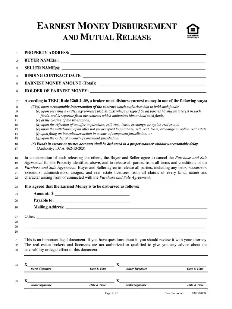 earnest money agreement sample Preview on Page 1