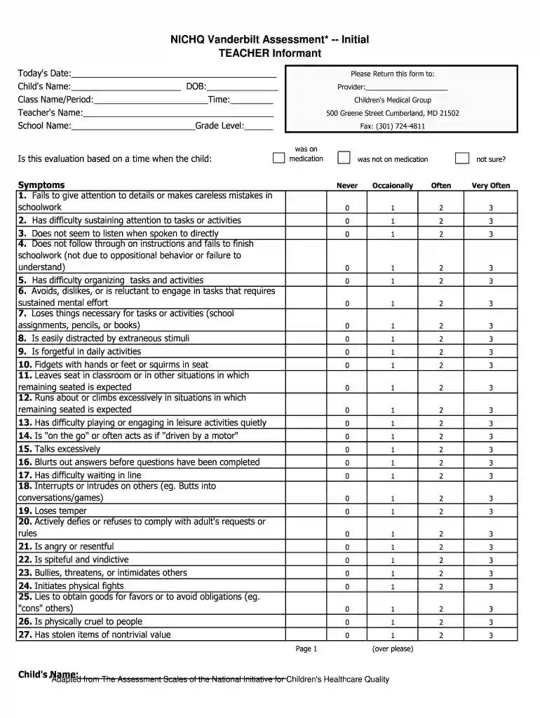 NICHQ Vanderbilt Assessment -- Initial TEACHER Preview on Page 1