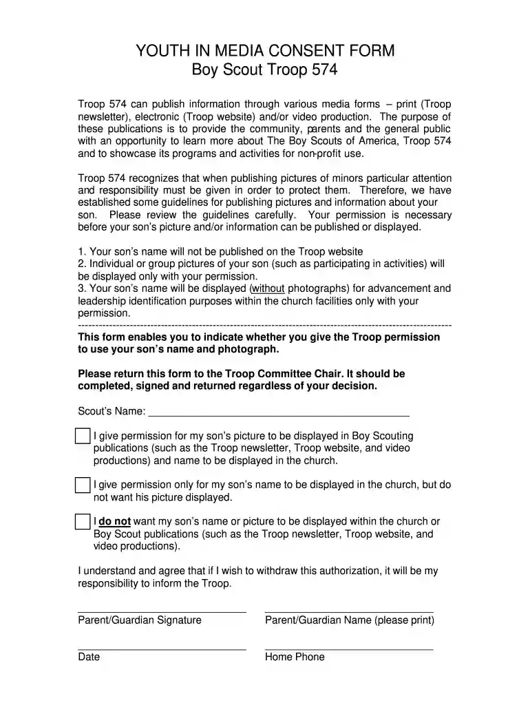 YOUTH IN MEDIA CONSENT bFORM Boy Scoutb Troop 574 Preview on Page 1