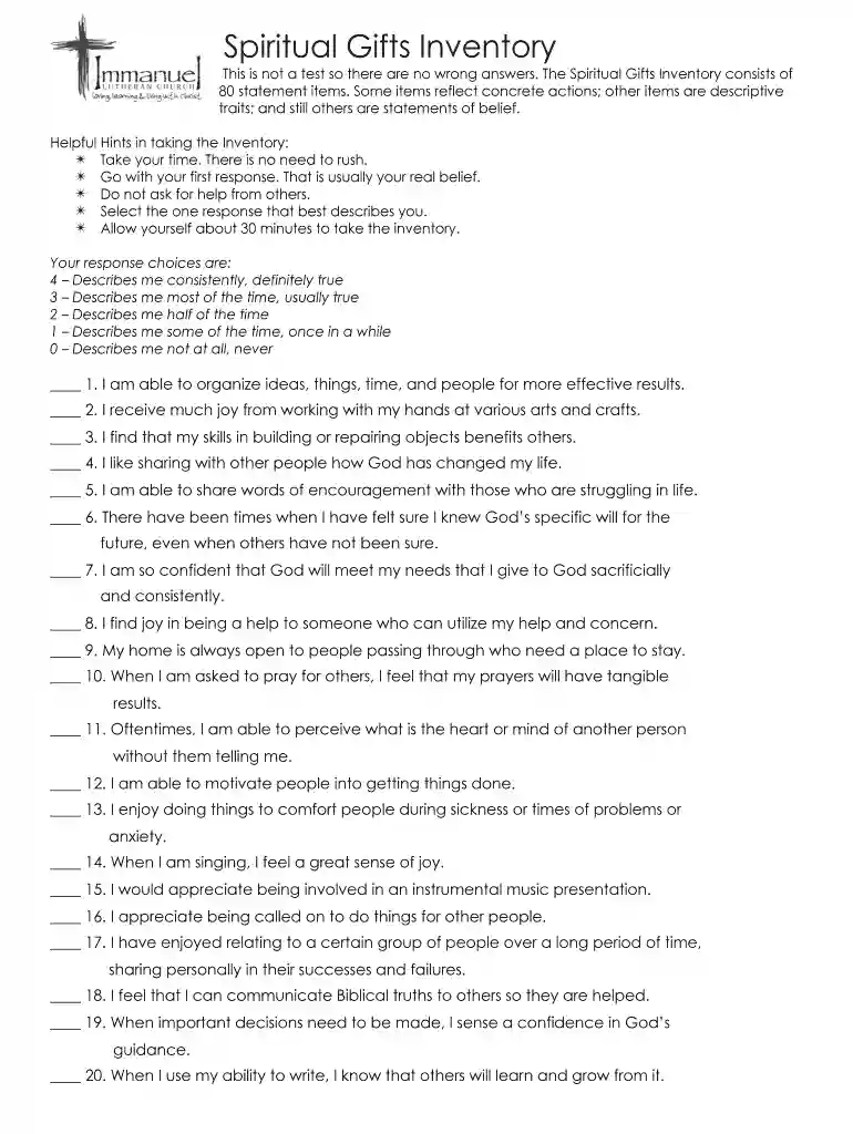 Spiritual Gifts Inventory Preview on Page 1