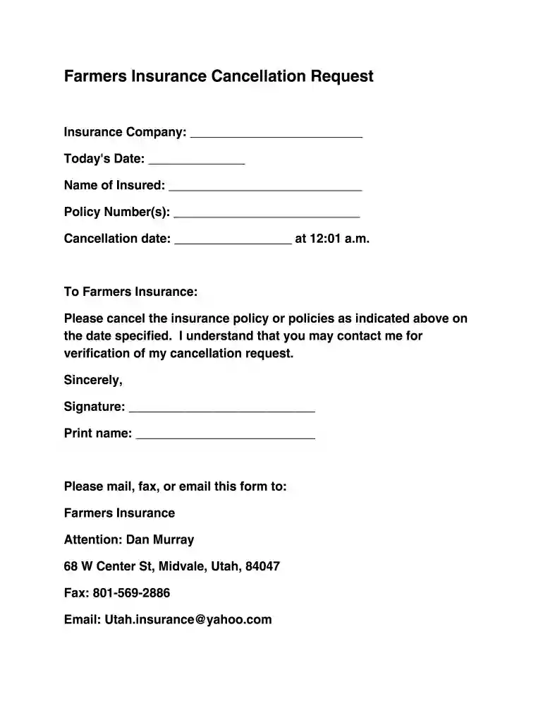 farmers insurance cancellation form Preview on Page 1