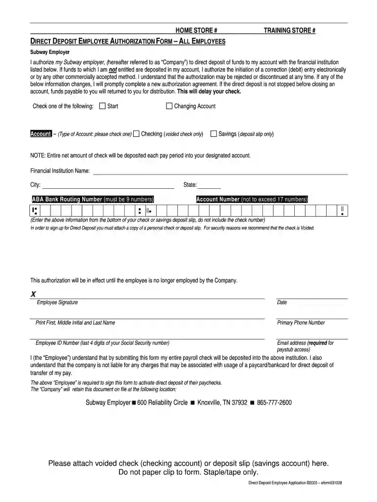 direct deposit employee authorization form Preview on Page 1