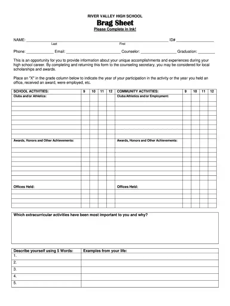 brag sheet template Preview on Page 1