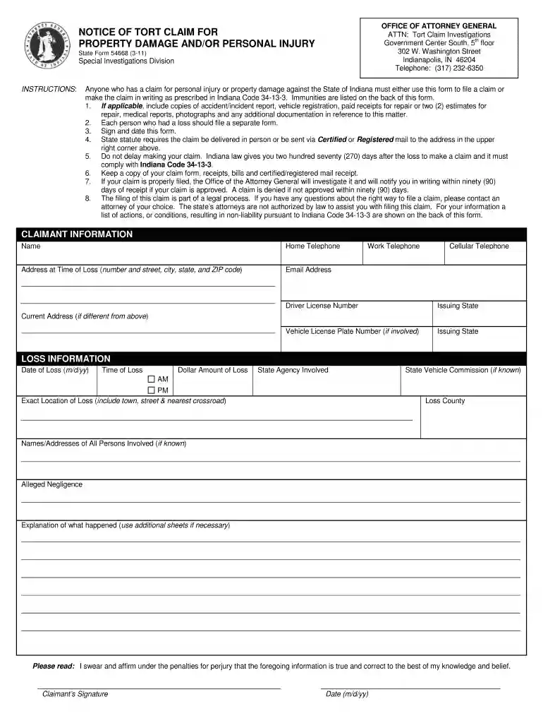 indiana tort claim form Preview on Page 1