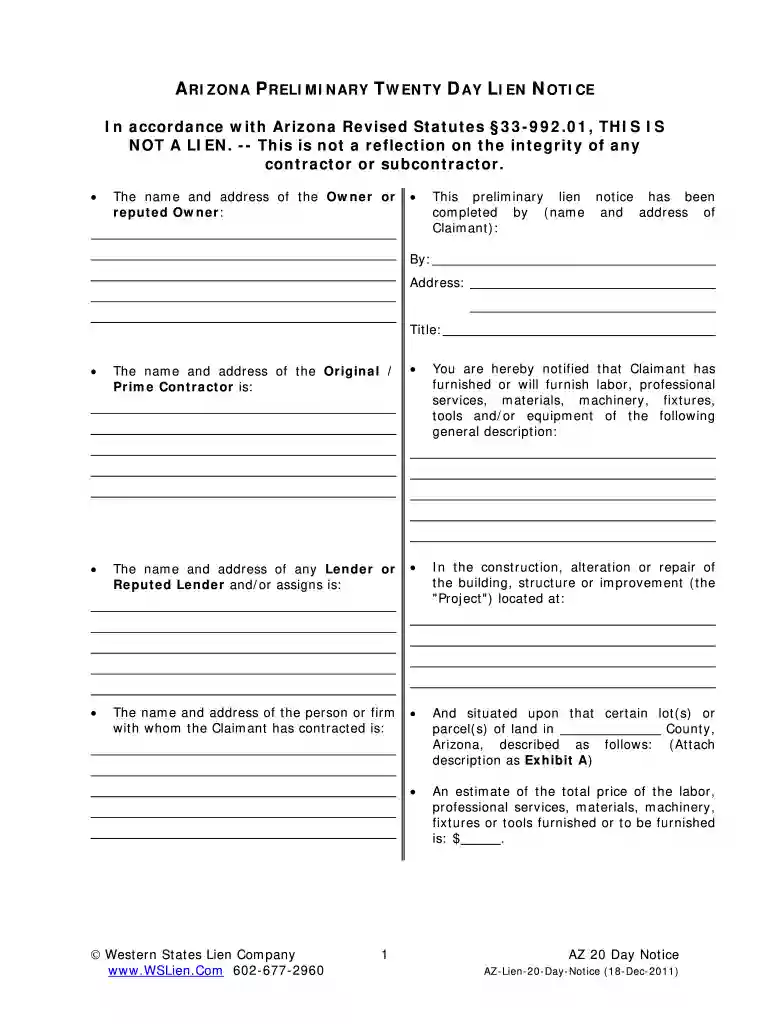 20 day preliminary lien notice form arizona Preview on Page 1
