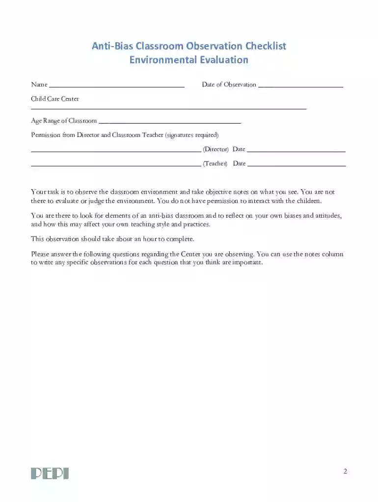 anti bias classroom observation checklist Preview on Page 1