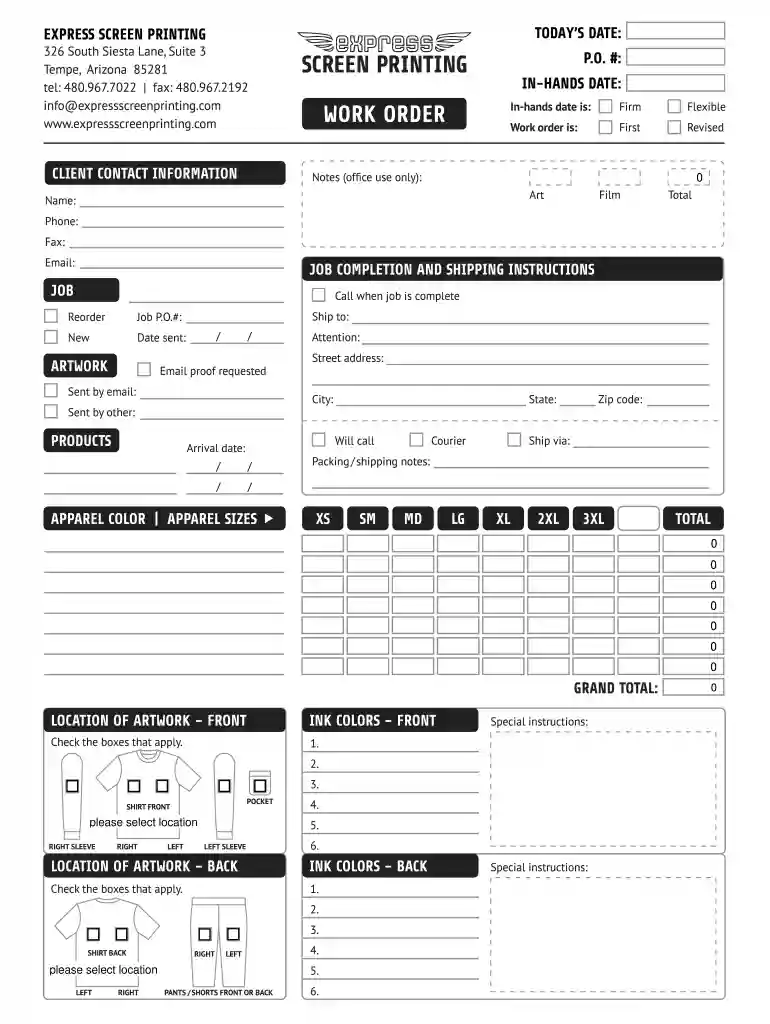 screen printing order form Preview on Page 1