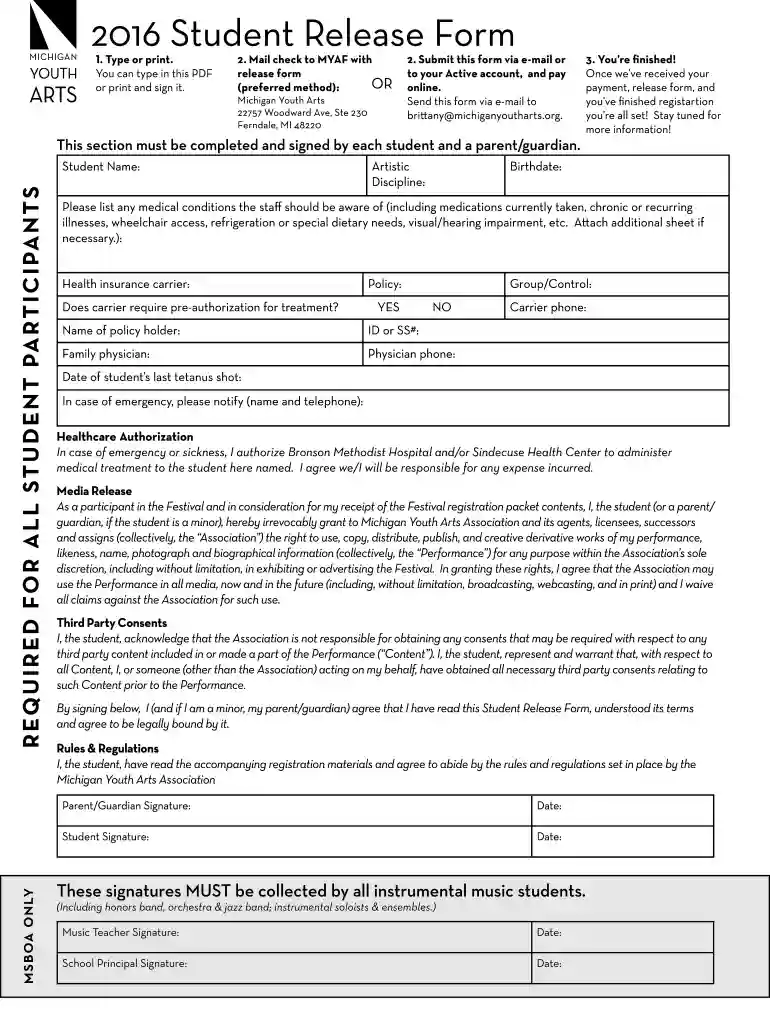 2016 Student Release Form Preview on Page 1