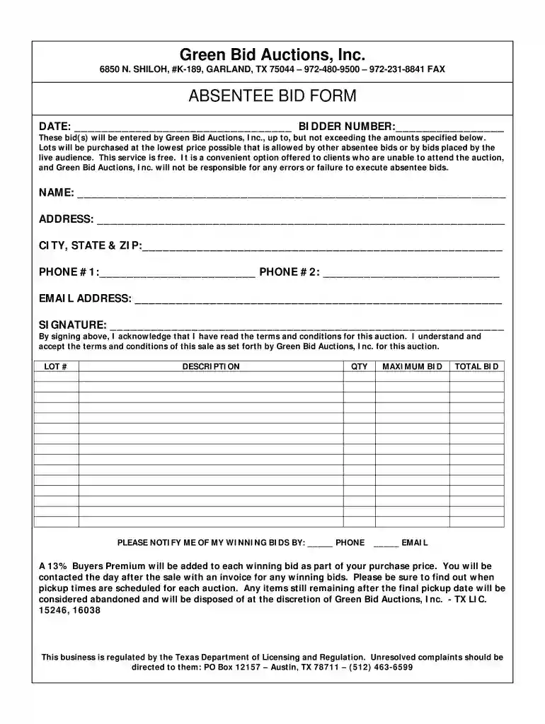 bid form sample Preview on Page 1