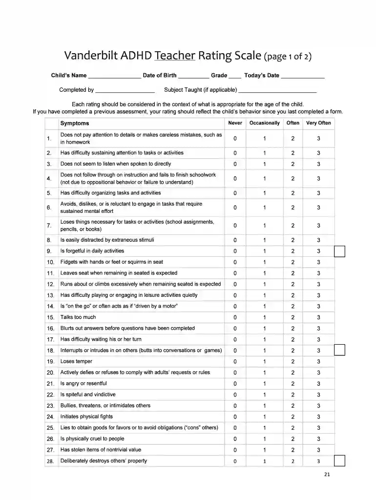 Vanderbilt ADHD Teacher Rating Scale page 1 of 2 Preview on Page 1