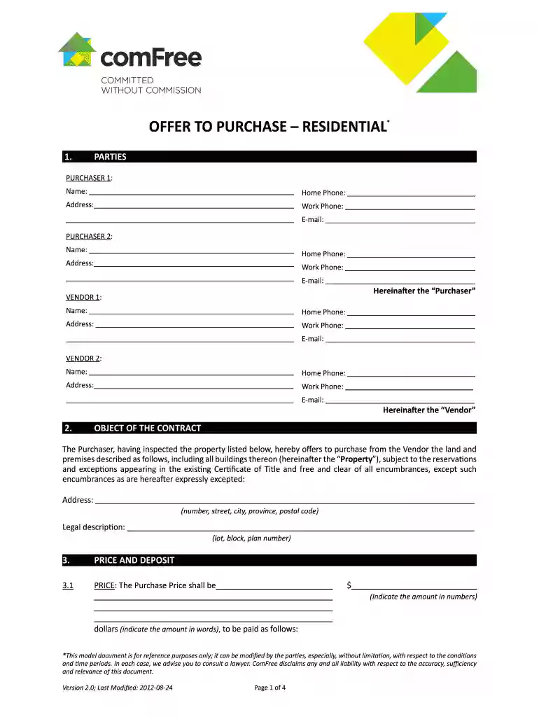 OFFER TO PURCHASE RESIDENTIAL - ComFree Preview on Page 1