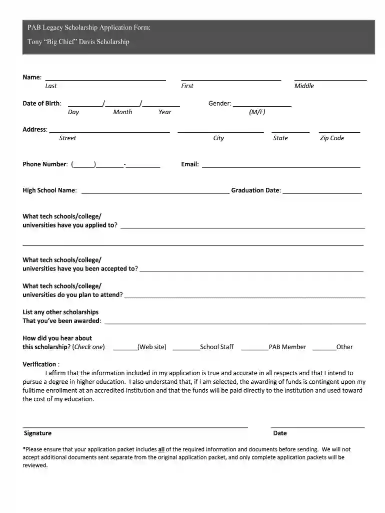 PAB Legacy Scholarship Application Form - Phi Alpha Beta Preview on Page 1