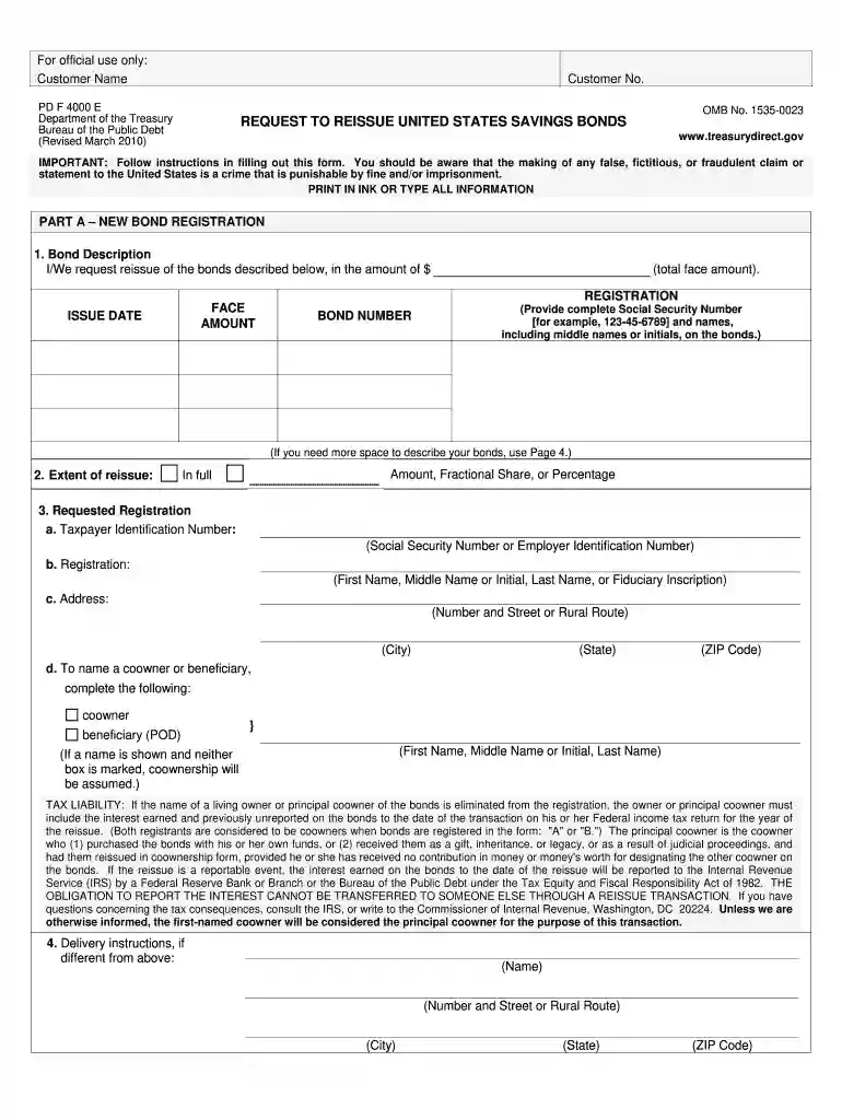 PD F 4000 E OMB No 1535-0023 REQUEST TO REISSUE UNITED Preview on Page 1