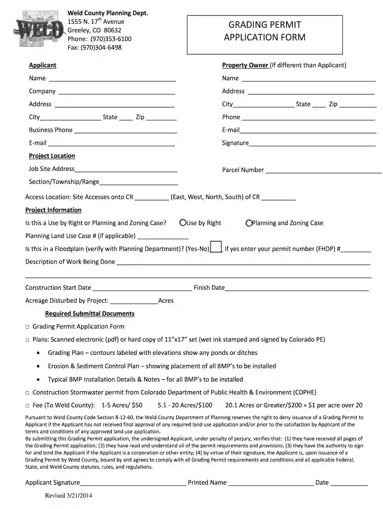 Th GRADING PERMIT APPLICATION FORM - coweldcous - co weld co Preview on Page 1