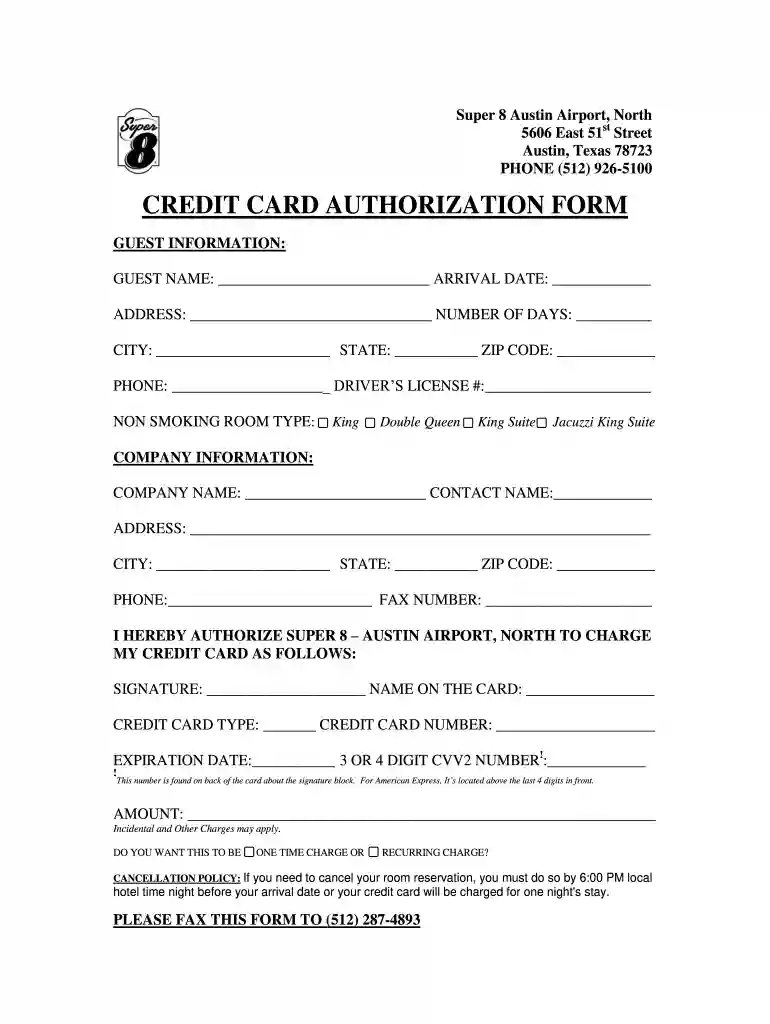 hotel credit card authorization form Preview on Page 1