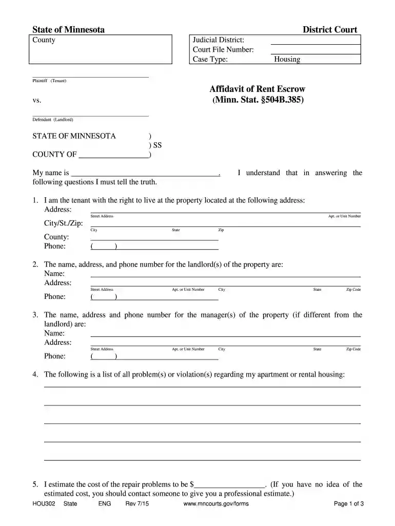 Affidavit for Escrow of Rent Statewide - mncourts Preview on Page 1