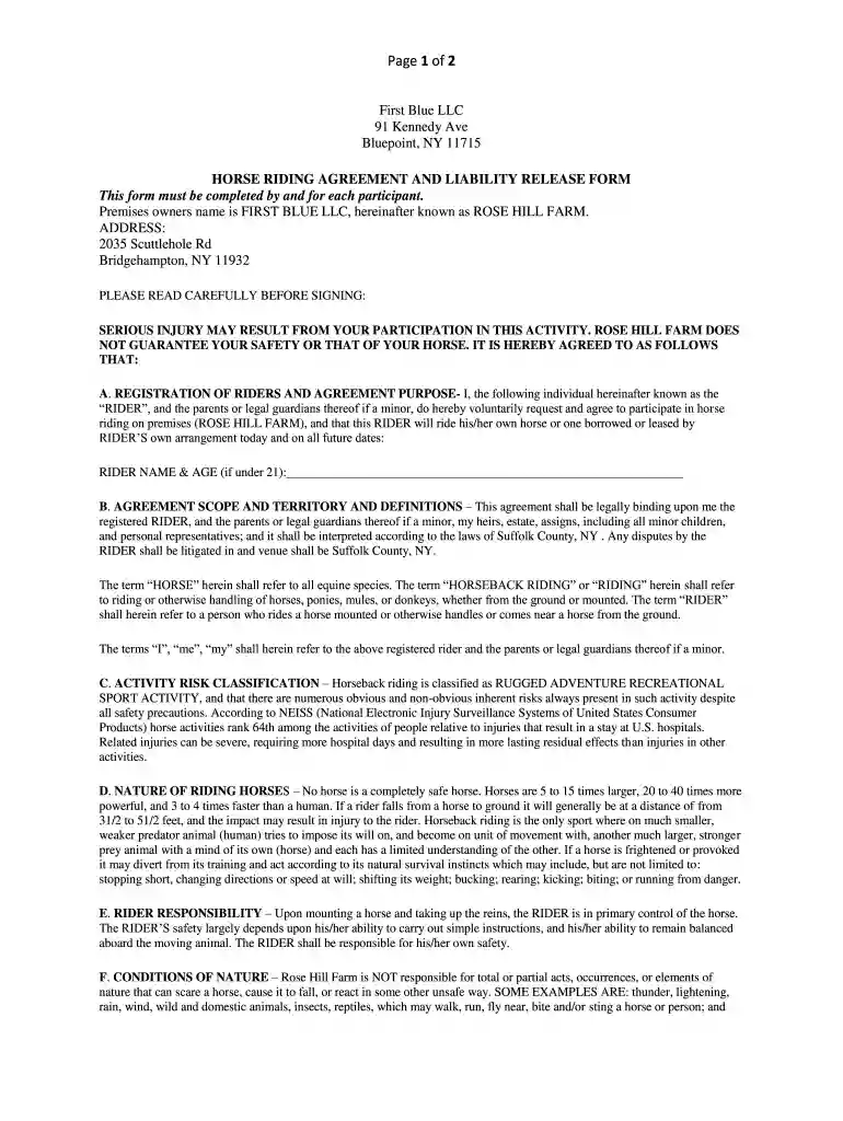 printable free horseback riding release form pdf Preview on Page 1