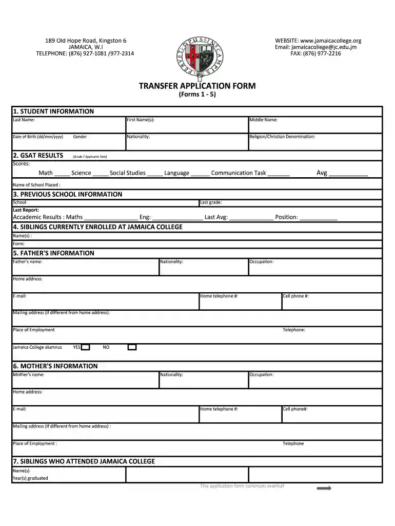 jamaica college transfer form Preview on Page 1