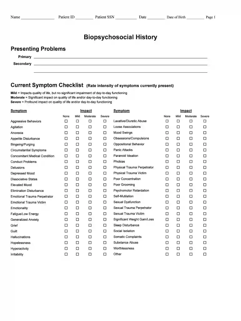 biopsychosocial history form Preview on Page 1